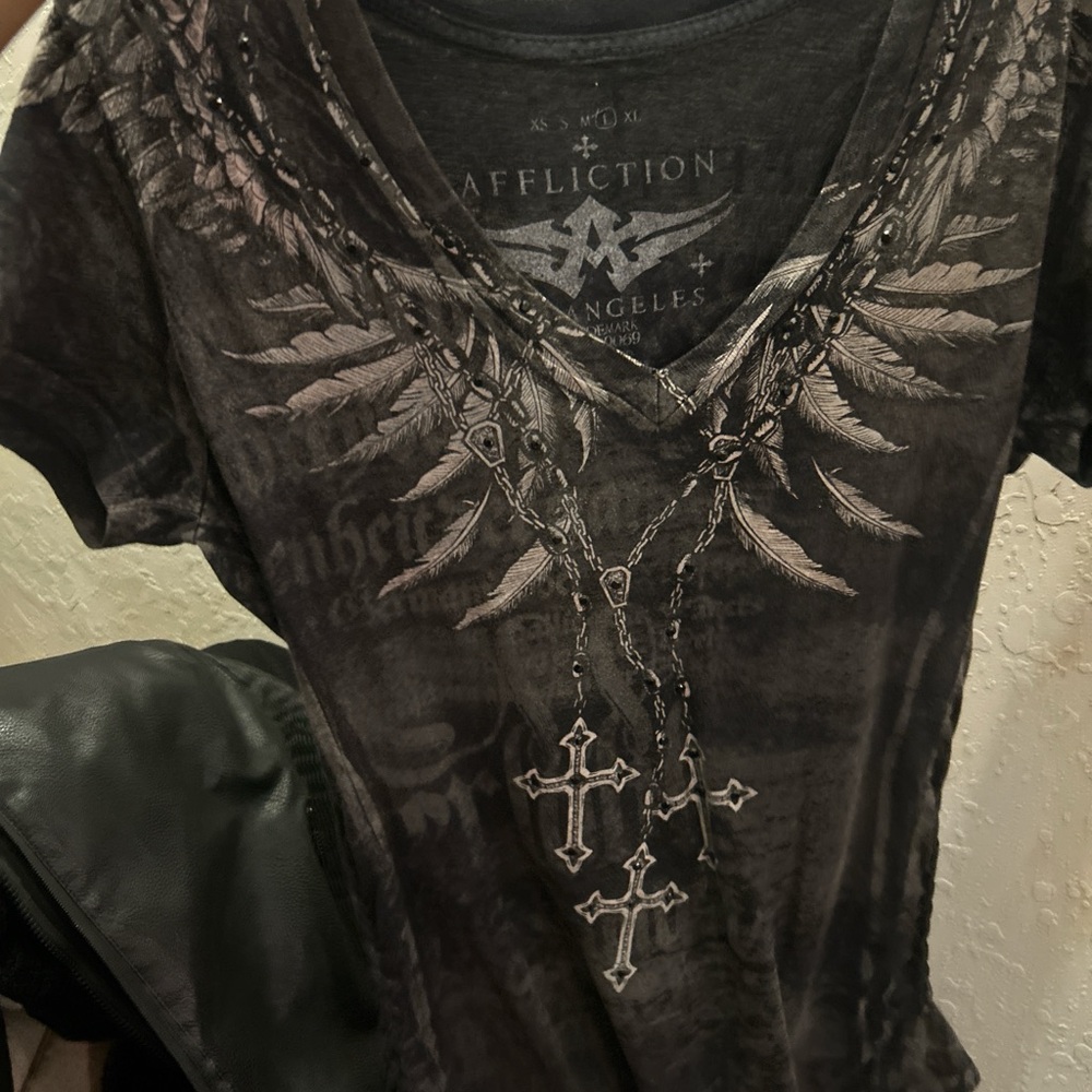 Affliction Charcoal Feather and Cross Tee
